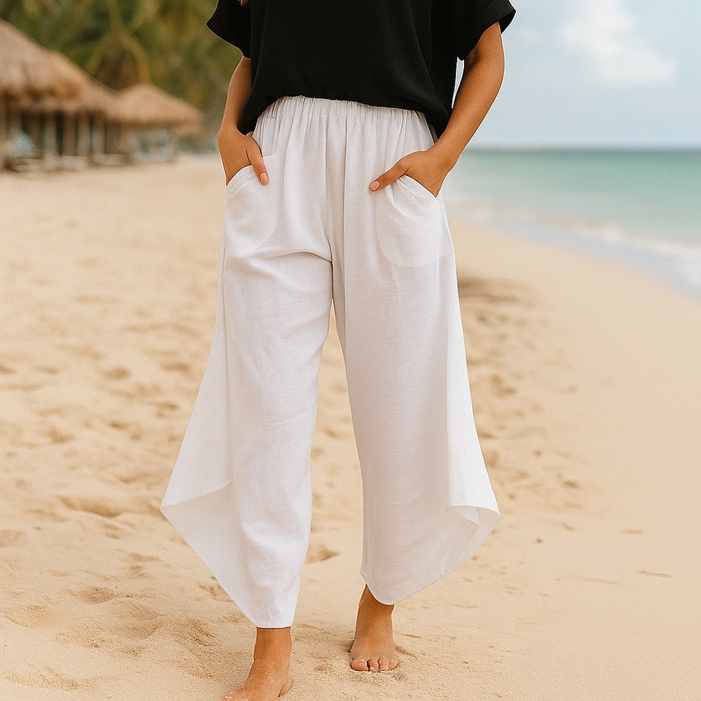 Bryn Walker Size M Seamus Pants White Linen Side Draping Lagenlook Boho Cropped